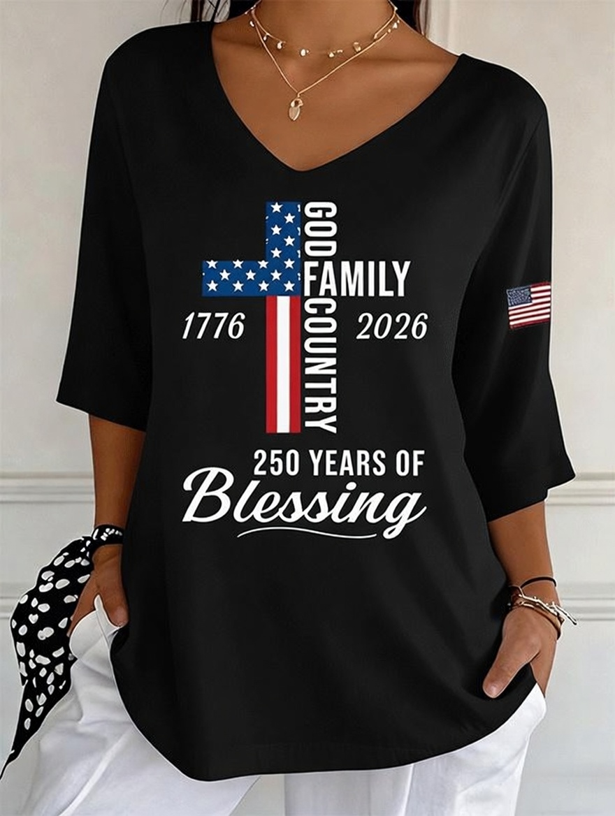 Women's God Family Country Flag Cross V Neck 3/4 Sleeve Casual Tee