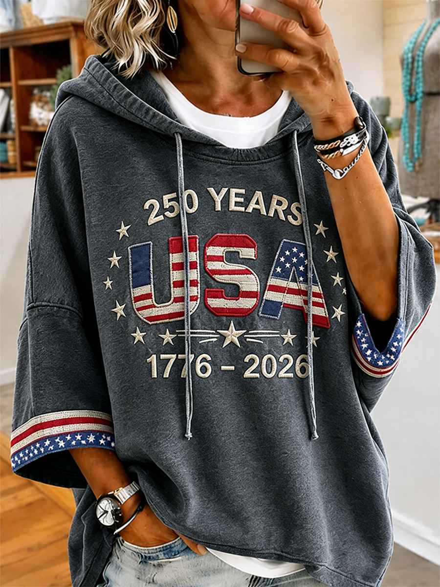 Women's USA 250th Anniversary 1776-2026 Embroidered Washed Hoodie
