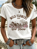 Retro Ethnic Floral Art Printed Round Neck Women's T-Shirt