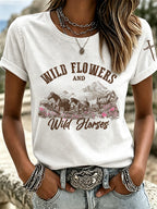Retro Ethnic Floral Art Printed Round Neck Women's T-Shirt