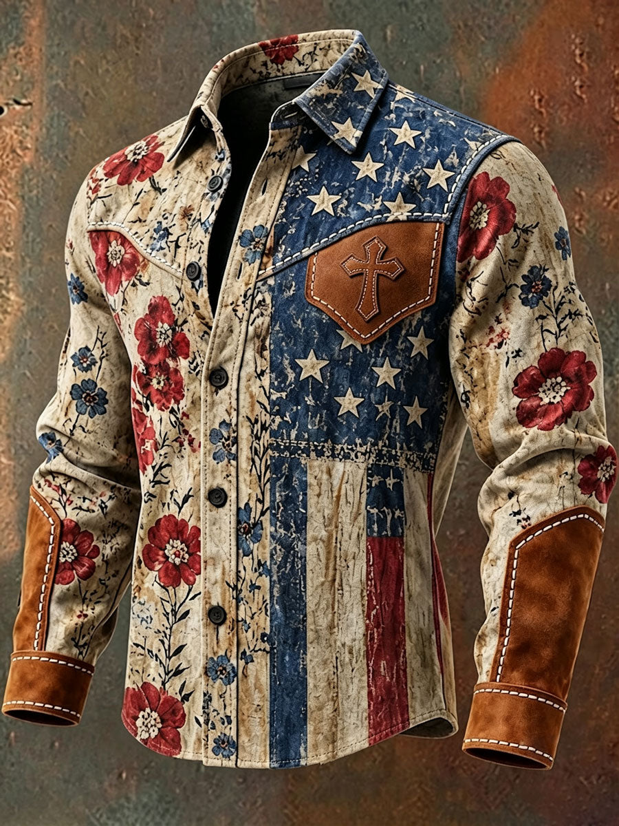 Men's Retro Style Art Print Western Vintage Tassel Casual Long Sleeve Shirt