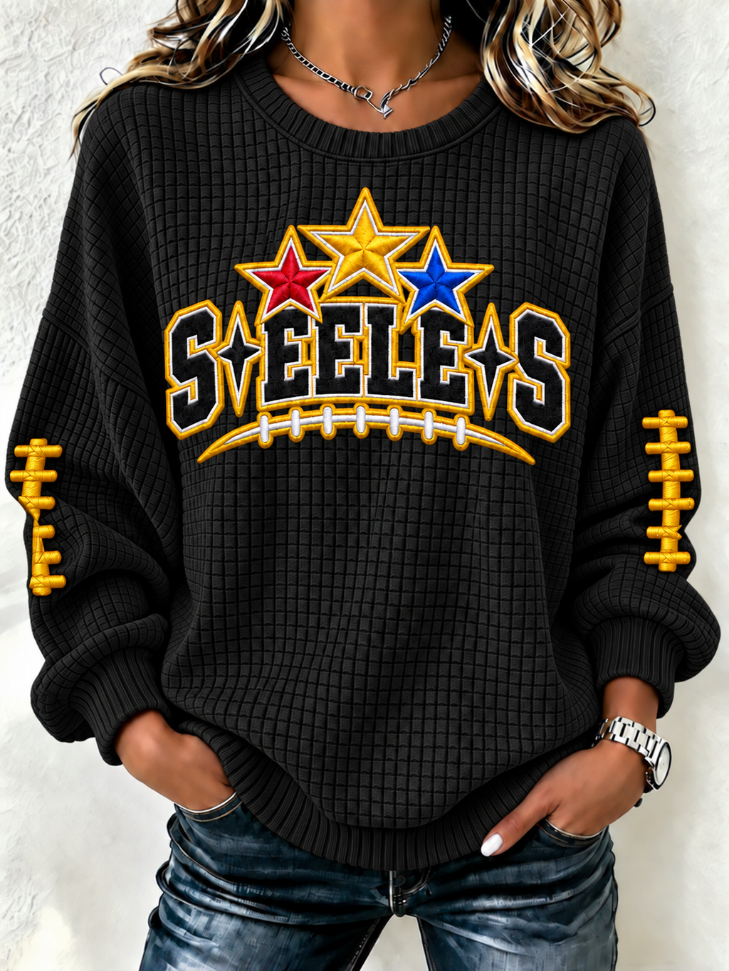 Women's football fan waffle long sleeved round neck sports shirt
