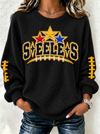 Women's football fan waffle long sleeved round neck sports shirt