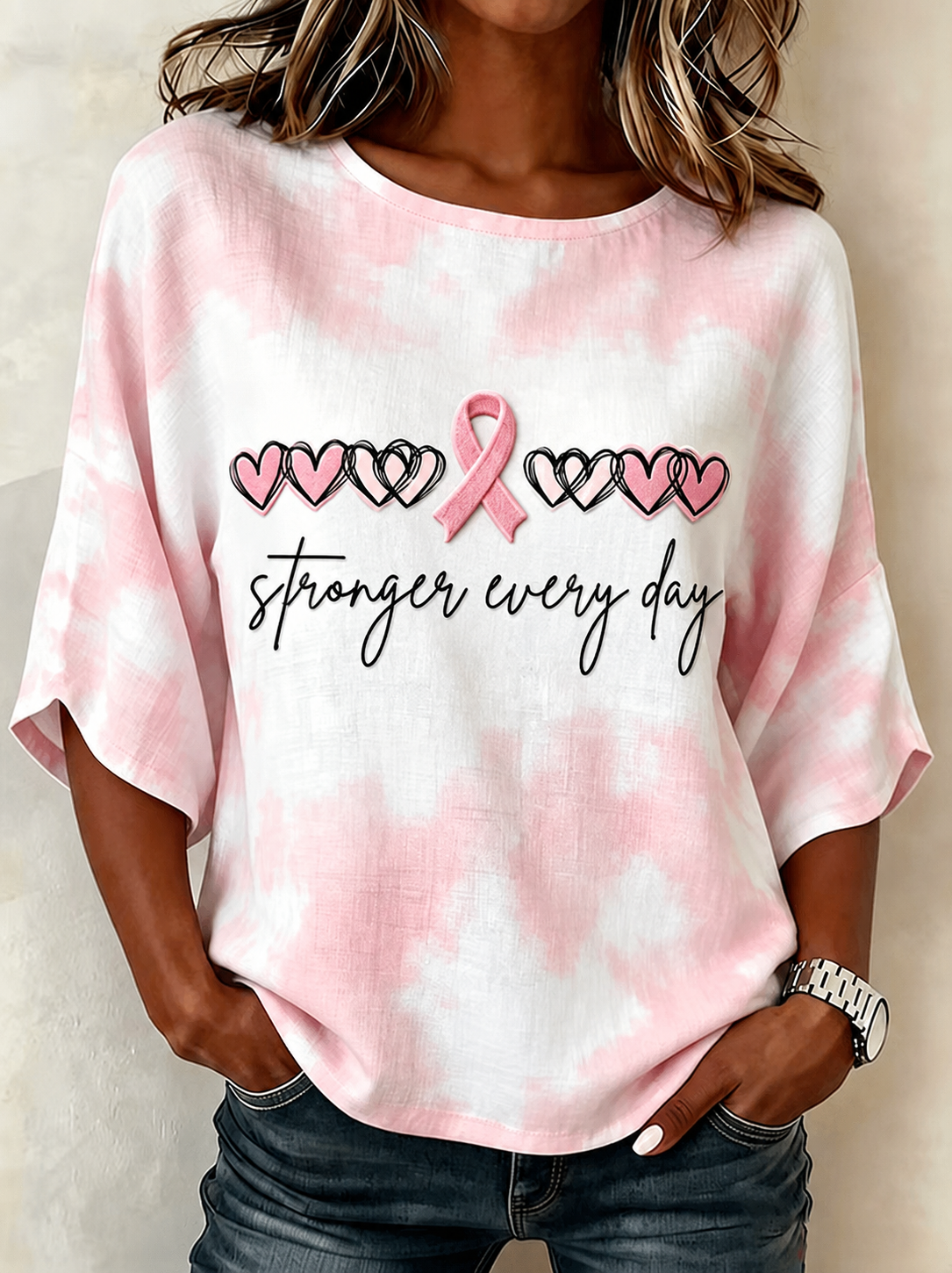 Pink Ribbon Pattern Cotton And Linen Comfortable T-Shirt