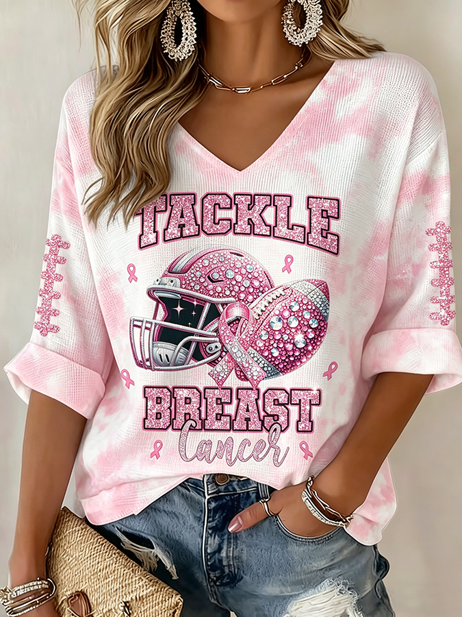 Women'S Football Inspirational Slogan Sequined V-Neck Top