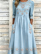 Vintage Western Floral Print Women's Long-Sleeve Linen Maxi Dress