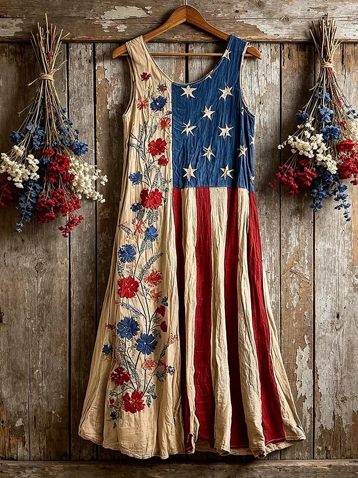 Women'S Retro Floral American Flag Pattern Flowing Linen Camisole Skirt