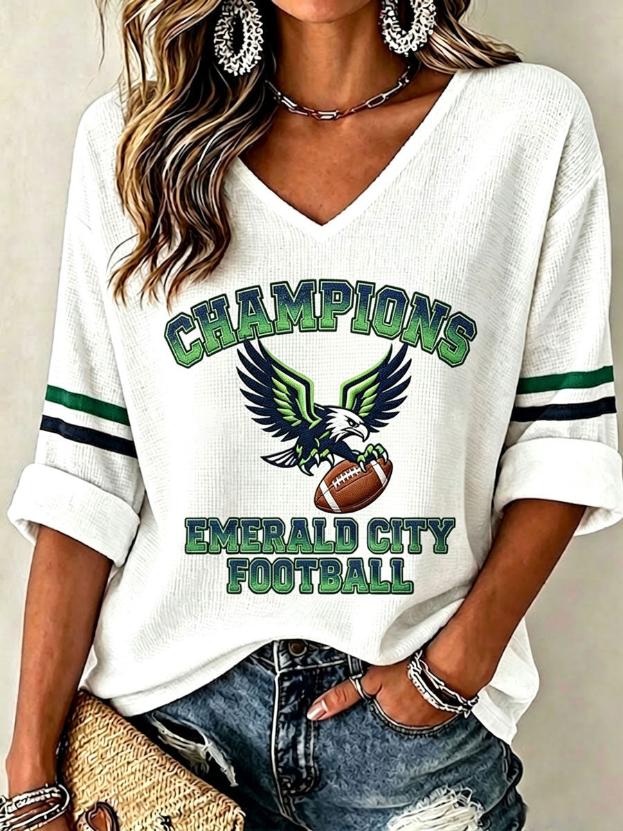 Women'S Seattle Football Vintage Fashion Printed Waffle T-Shirt