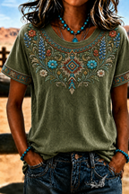 Women's Retro Ethnic Art Printed Round Neck T-Shirt