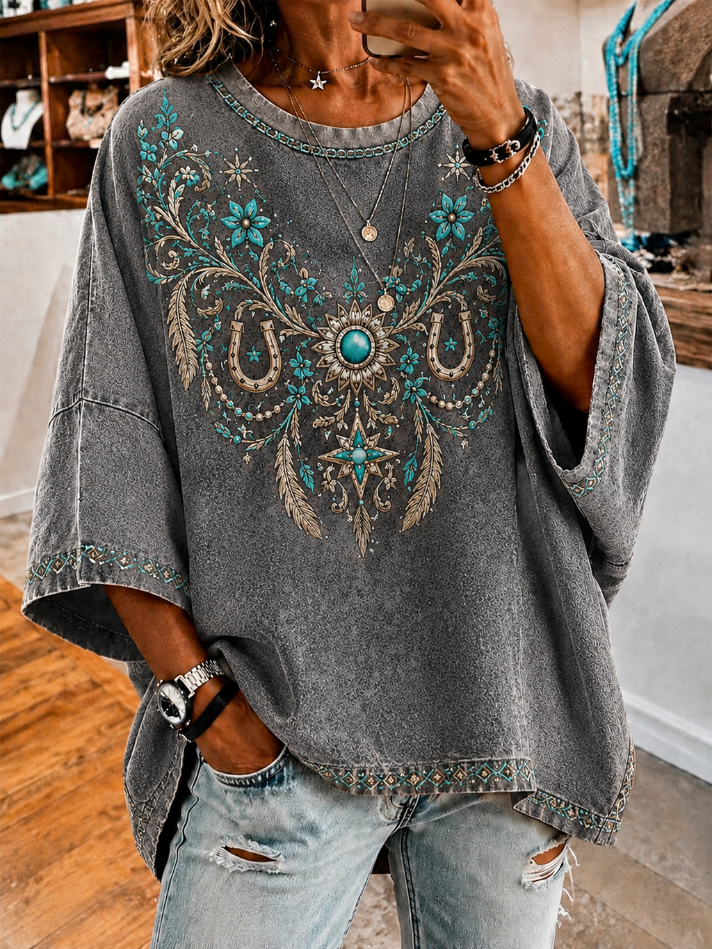 Women's Vintage Denim Print Loose Top