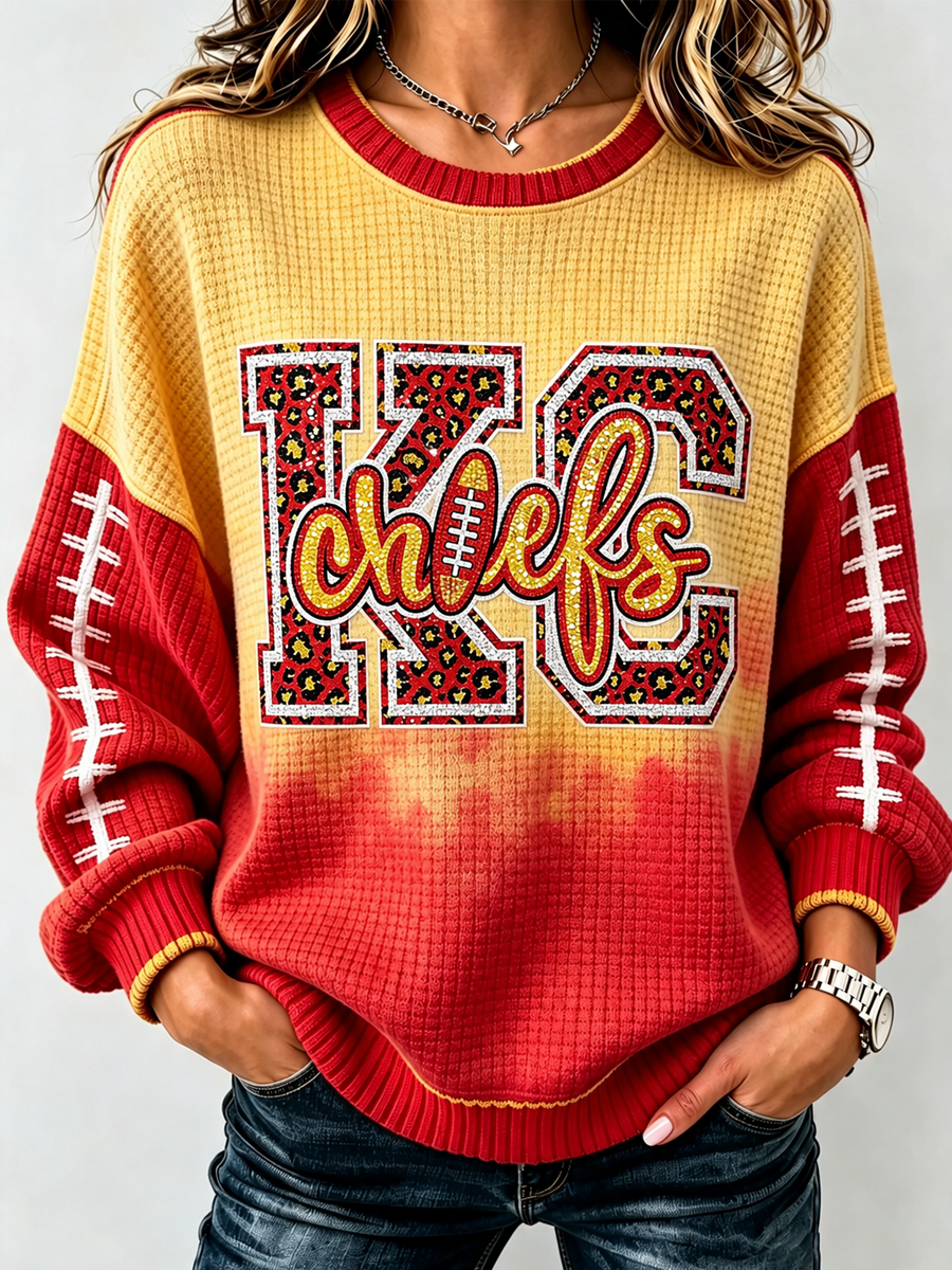 Women's Football Print Crew Neck Check Sweatshirt