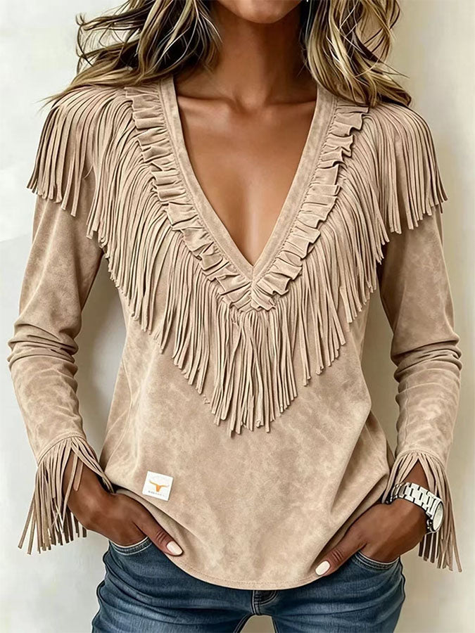 Women'S Casual Tassel Suede Autumn And Winter V-Neck Slim Fit Top
