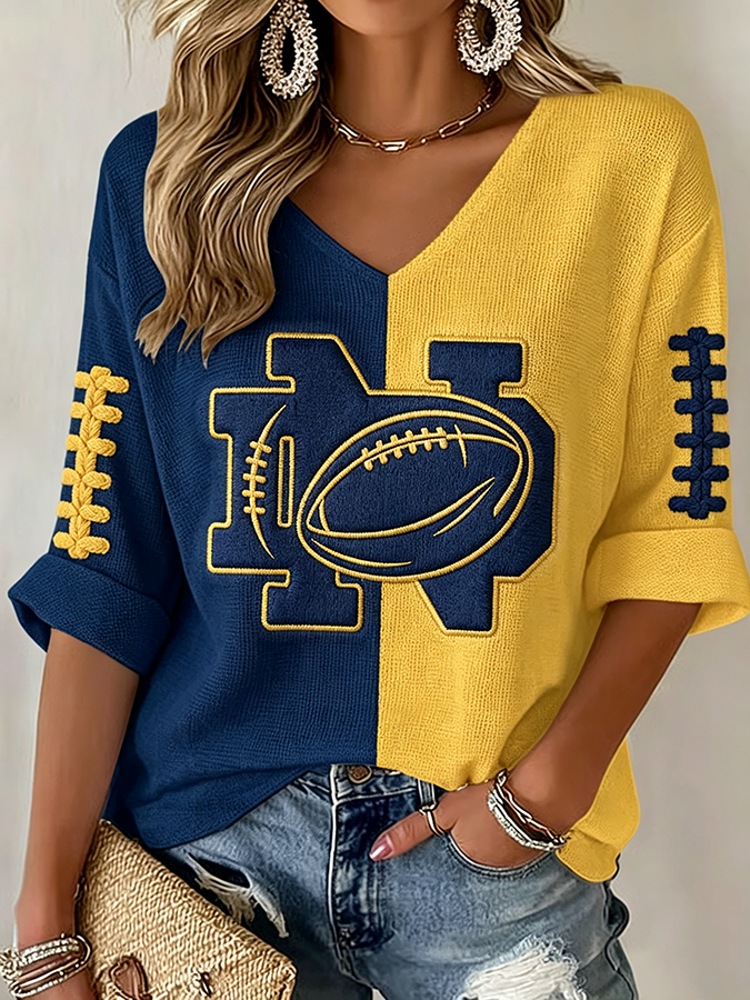 Women'S Rugby Patterned Waffle V-Neck Top