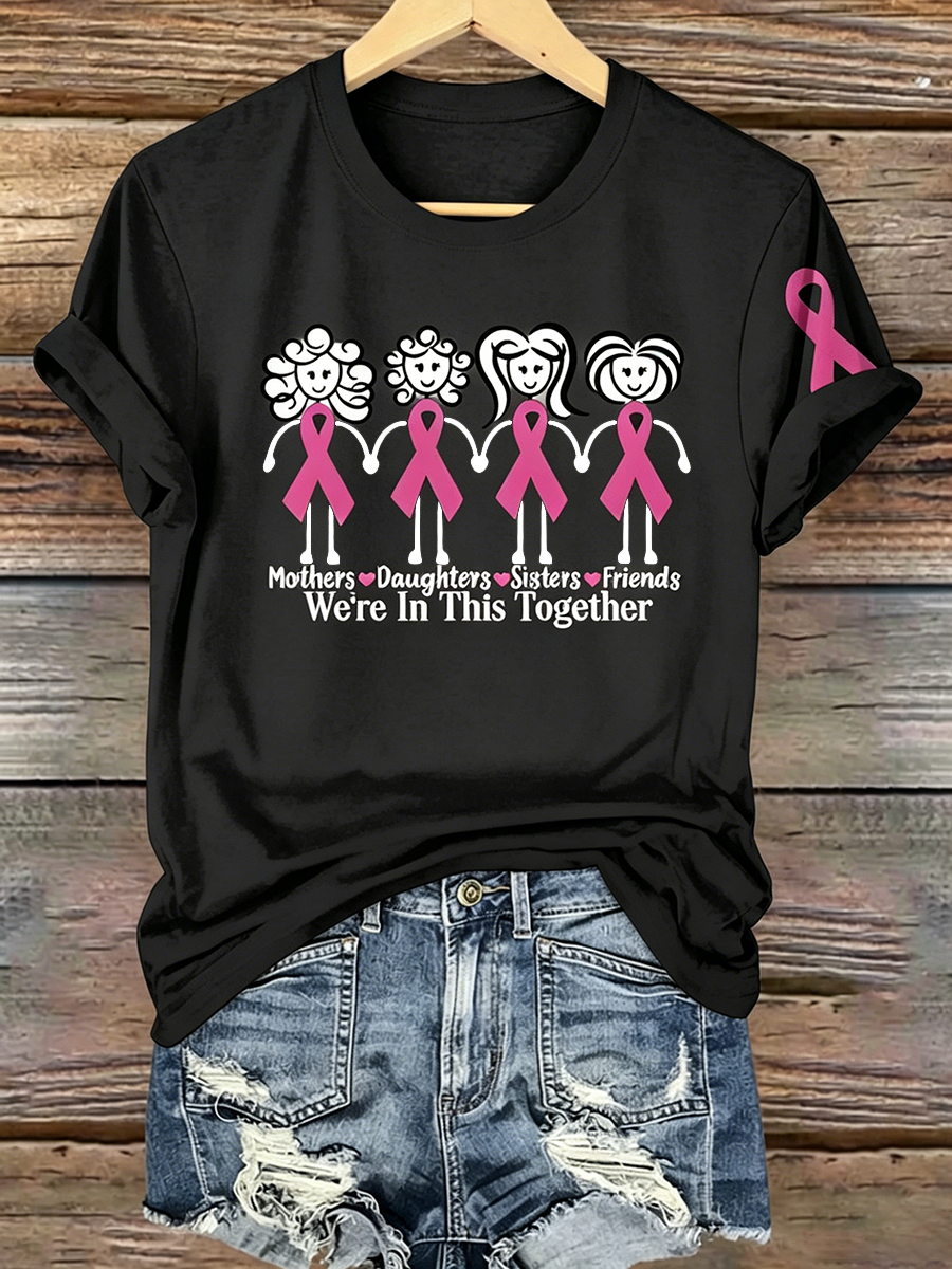Pink Series Disease Health Awareness Public Welfare Printed Round Neck T-Shirt