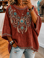 Women's Vintage Denim Print Loose Top
