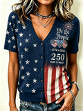 Women'S Retro Independence Day Anniversary Printed Linen Shirt