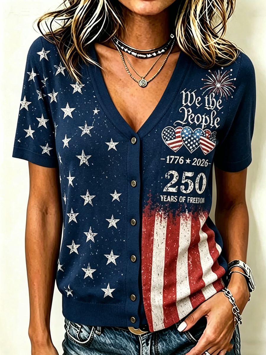 Women'S Retro Independence Day Anniversary Printed Linen Shirt