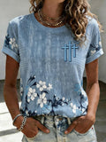 Women'S Casual Floral Print Cross Round Neck Short Sleeved T-Shirt