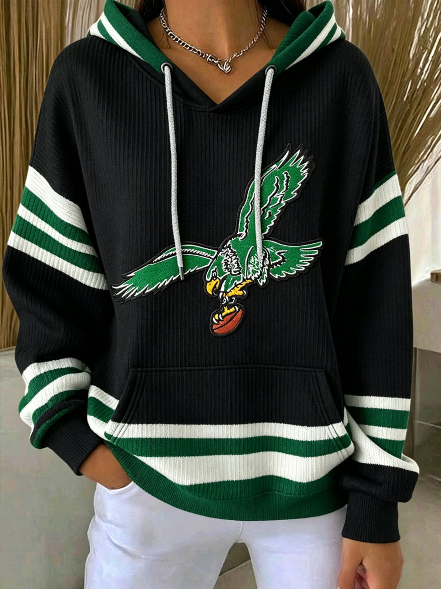 Women's Retro Football Print Hooded Knitted Long Sleeved Sportswear