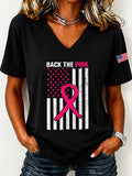 Women's US Flag Breast Cancer Awareness Printed Casual T-shirt