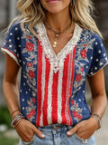 Women's Retro Independence Day Flower Art Pattern V-Neck Short Sleeve Linen Blended T-Shirt