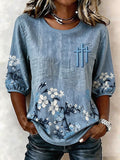 Women'S Casual Floral Printed Cotton And Linen Artistic Top