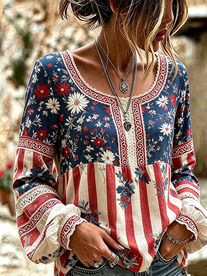 Women'S American Flag Star Printed Long Sleeve Casual Shirt