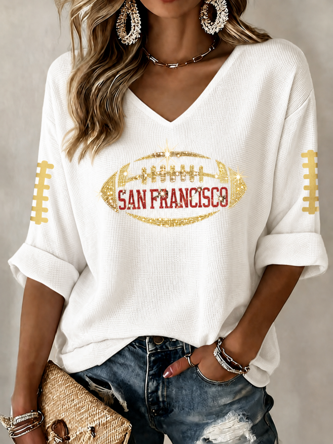 Women'S Football Print Waffle  Top