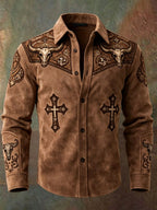 Men'S Western Style Ethnic Print Cross Pattern Long Sleeved Shirt