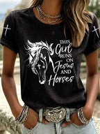 Women's This Girl Runs On Jesus And Horses Printed Casual T-Shirt