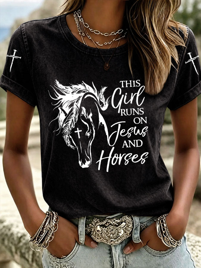 Women's This Girl Runs On Jesus And Horses Printed Casual T-Shirt