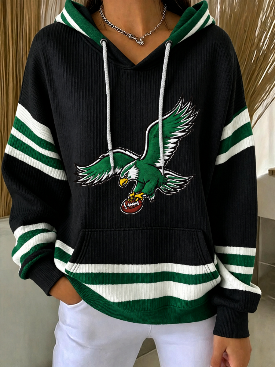 Women's Retro Football Print Hooded Knitted Long Sleeved Sportswear