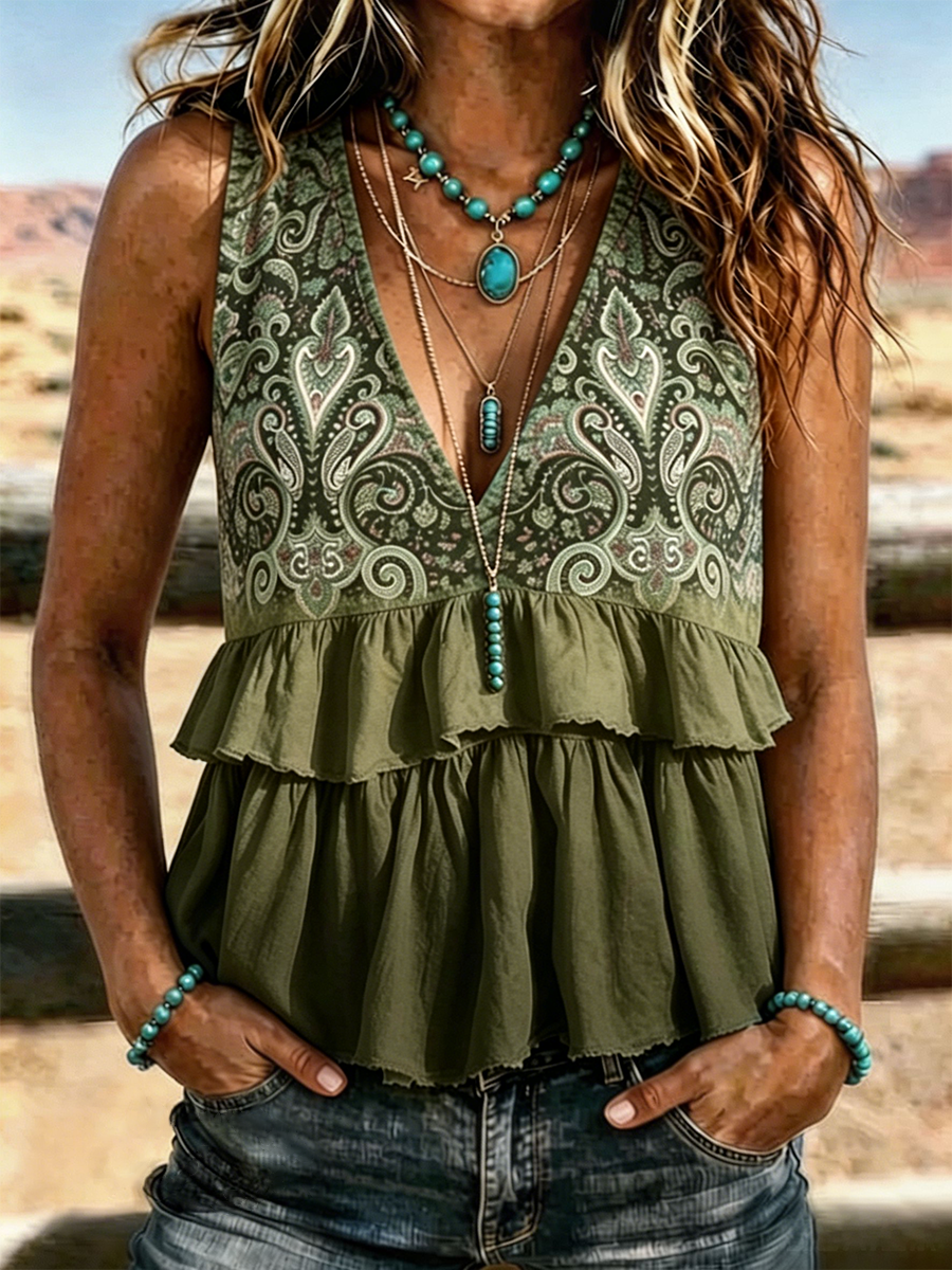 Women's Western Paisley Gradient Ruffle Tiered V Neck Sleeveless Tank Top