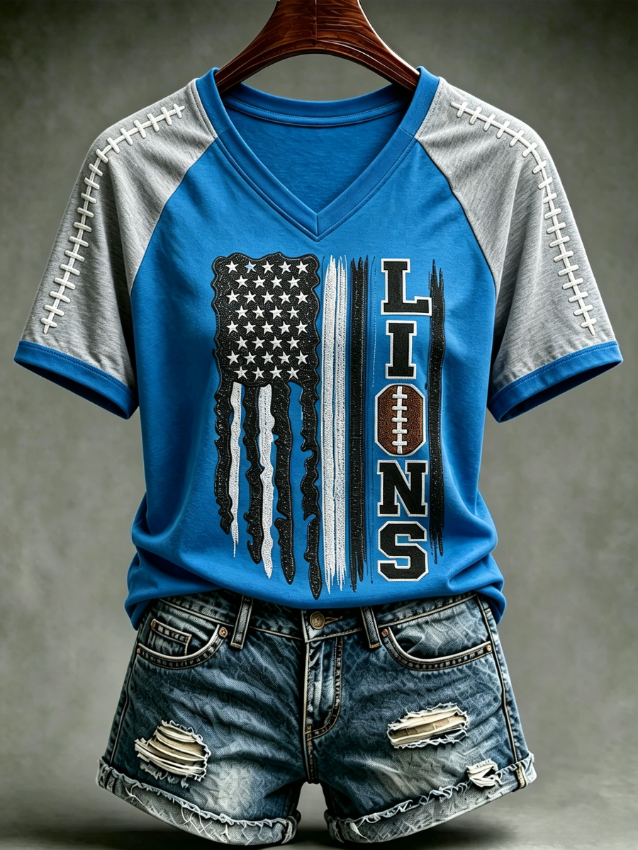 Women's Football Fan Printed Print Casual V-Neck Tee