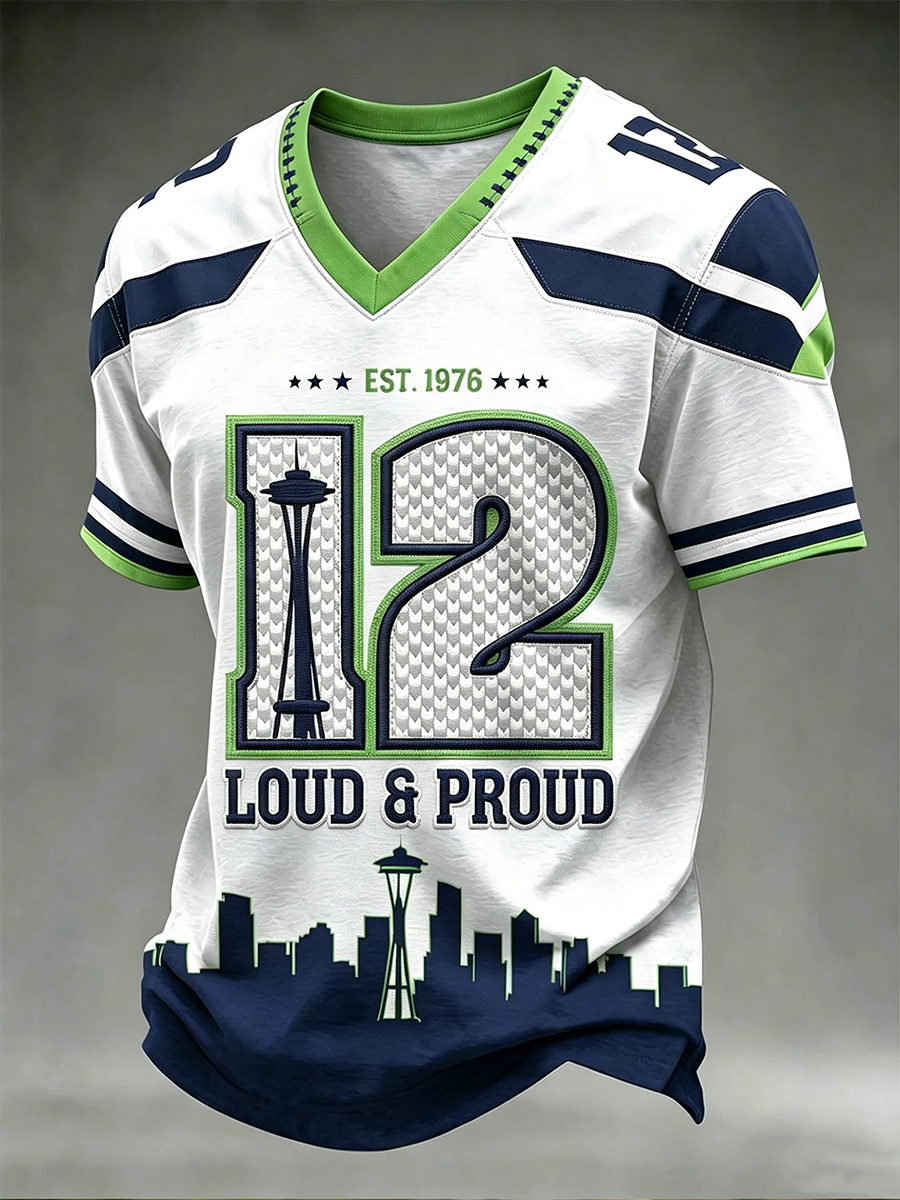 Men's Seattle Football Printed Vintage Fashion Loose Short Sleeve T-Shirt