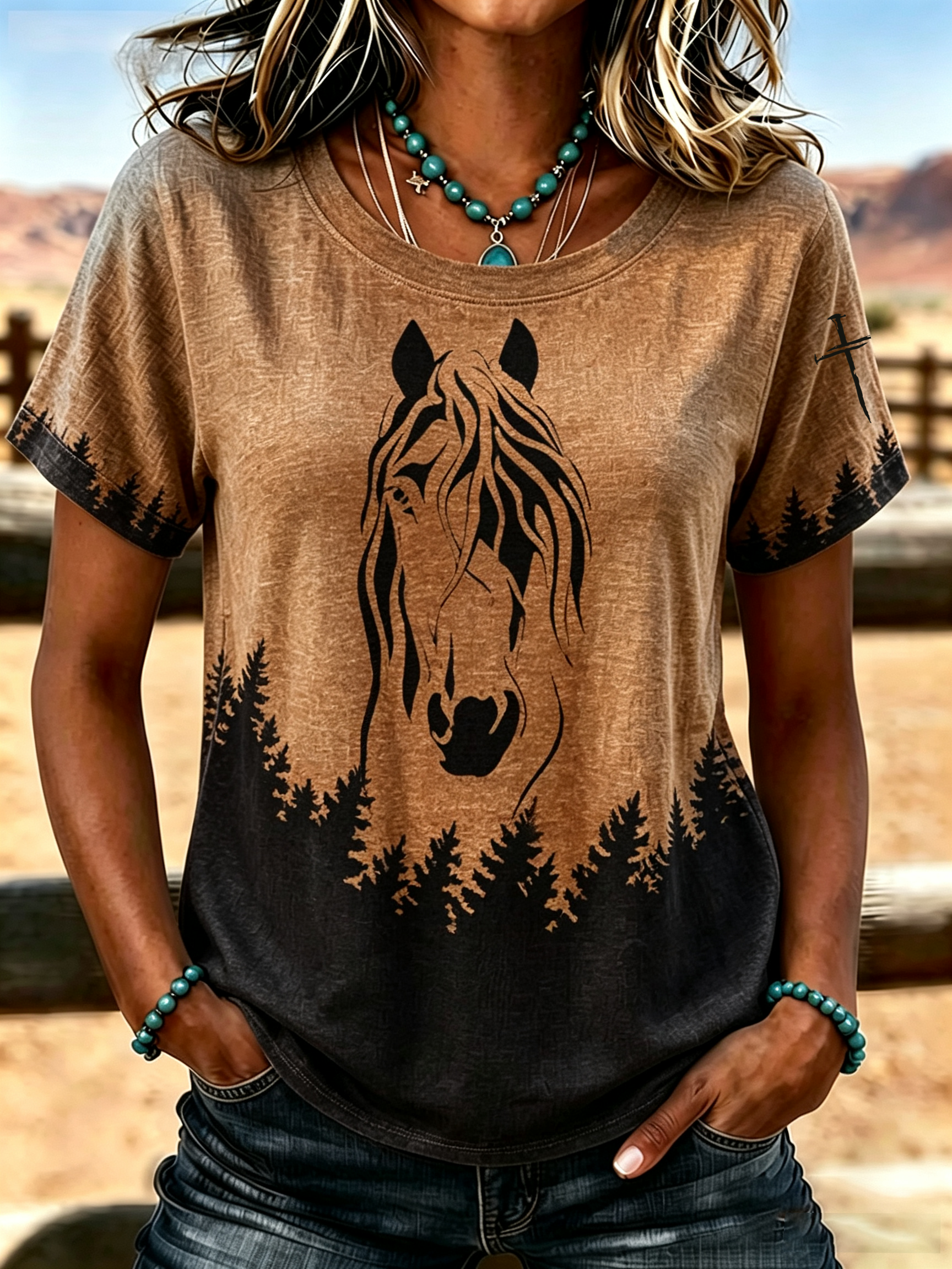 Western Horse Art Faith Gradient Printed Round Neck T-Shirt