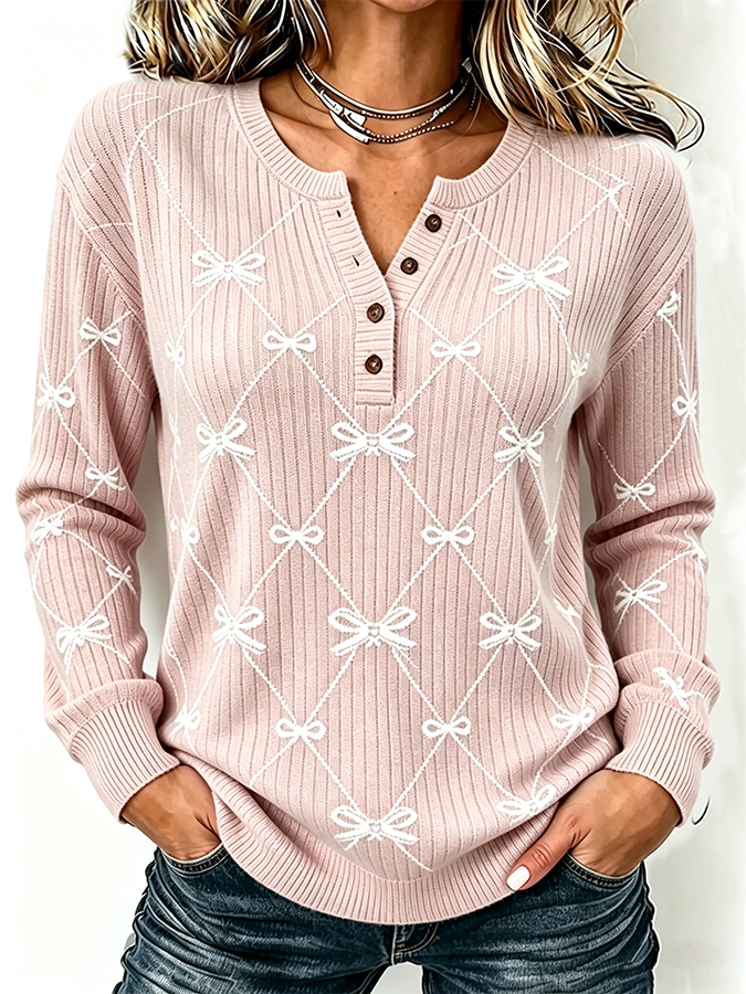 Women'S Bow Henley Button Knitted Top