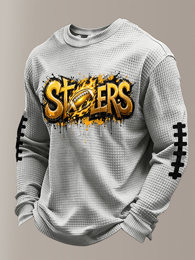 Men's Football Print Waffle Crewneck Sweatshirt