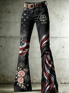Women's High-Waisted Jeans with Cross, Flag, Butterfly, and Floral Patterns