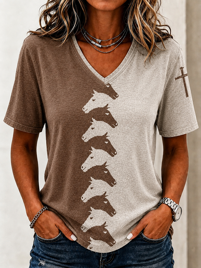 Women's Western Style Cross Print Casual V-Neck T-Shirt