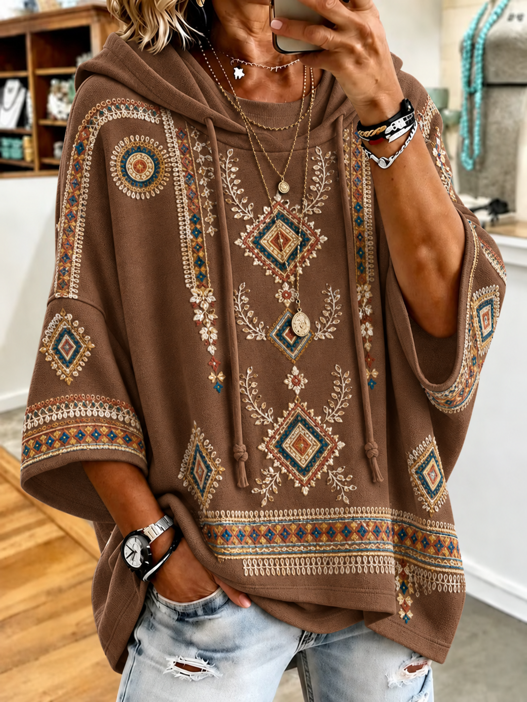 Women’s Retro Western Style Print Hoodie