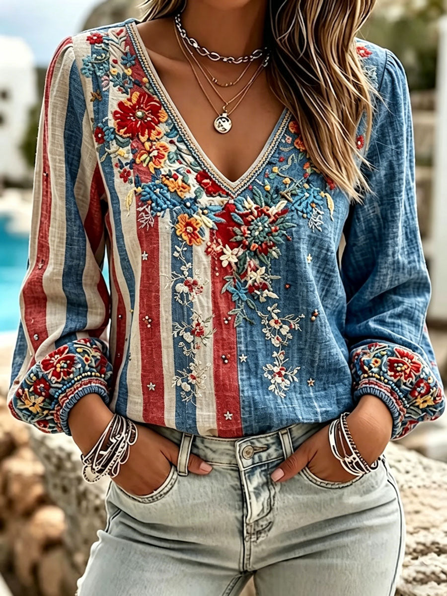 Women'S 250 Years Retro Floral  Print  Top