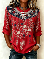Women's National Flag Floral Print Cotton Linen Top