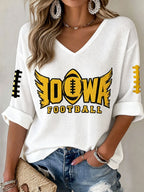 Women'S Rugby Patterned Waffle V-Neck Top
