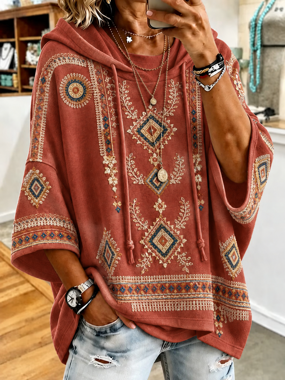 Women’s Retro Western Style Print Hoodie