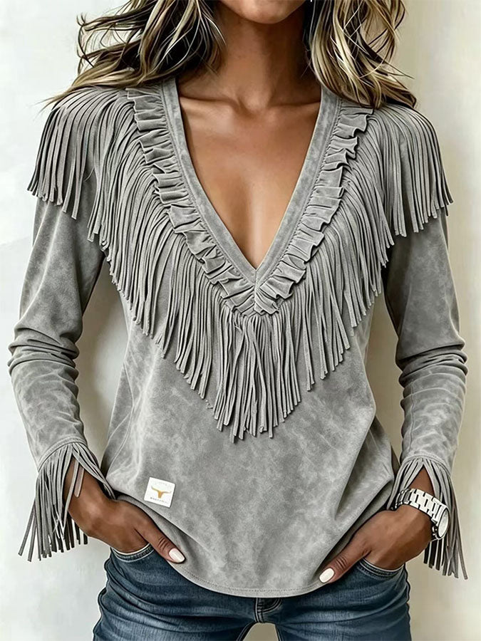 Women'S Casual Tassel Suede Autumn And Winter V-Neck Slim Fit Top