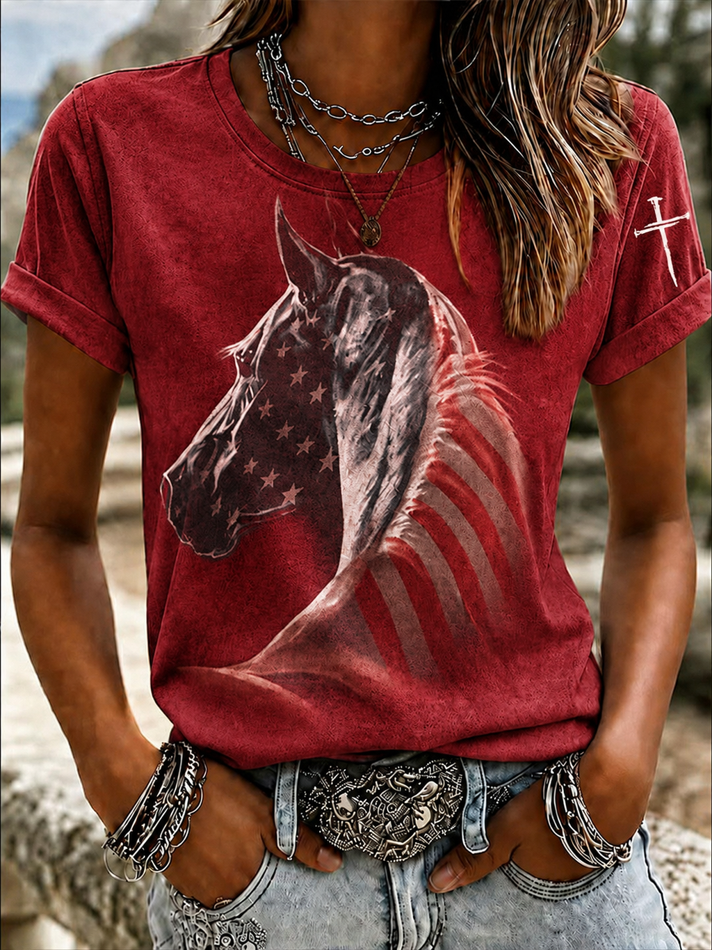 Women'S Western Horse Art Faith Art Printed Round Neck T-Shirt
