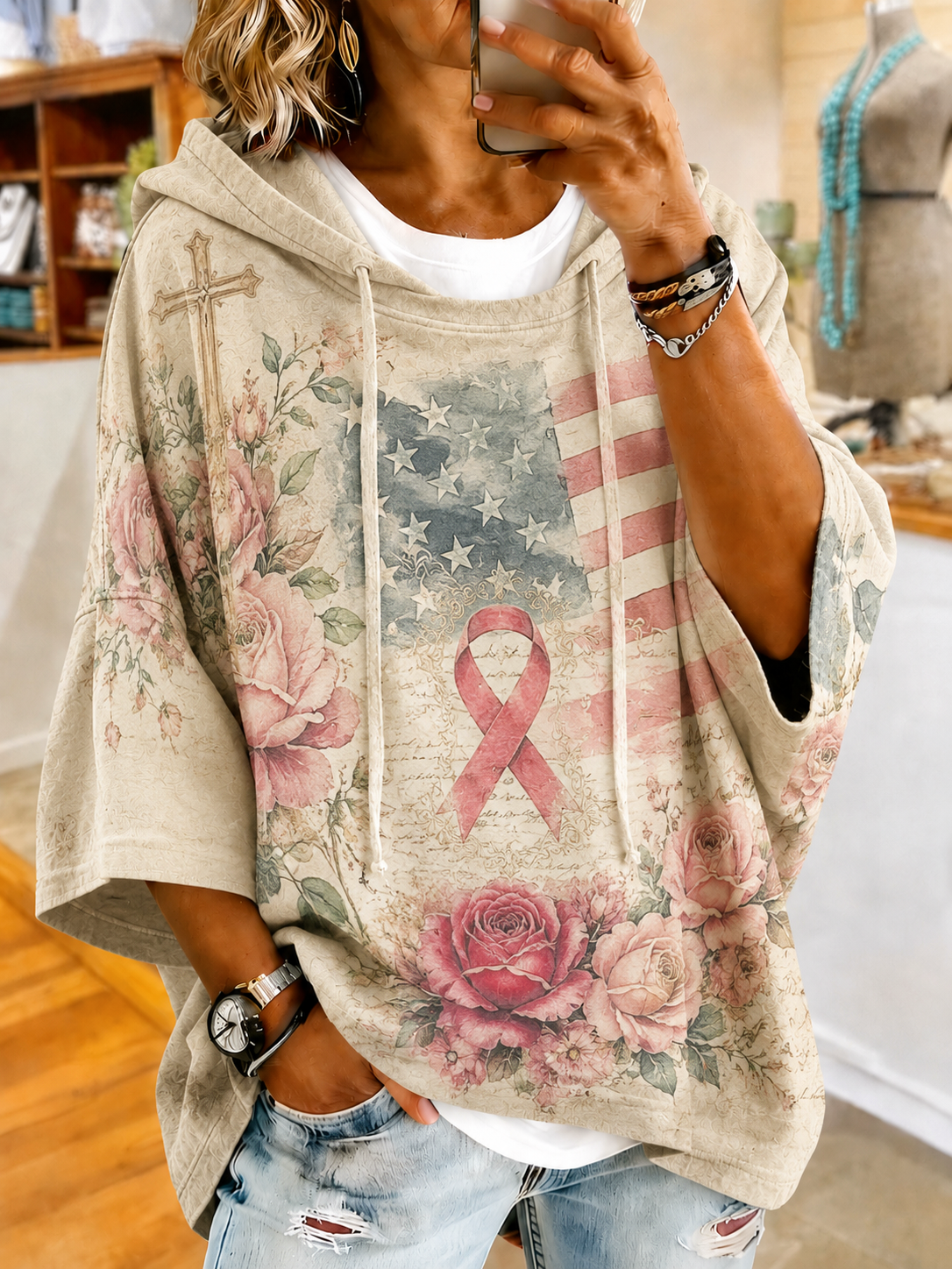 Women'S Vintage Breast Cancer Ribbon Print Hoodie