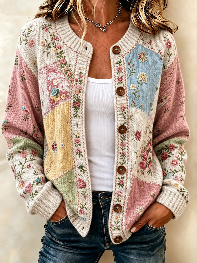 Ladies' Casual Floral Print Knitted Cardigan Top