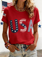 Women's Red American Flag Patch Patriotic Casual T-shirt